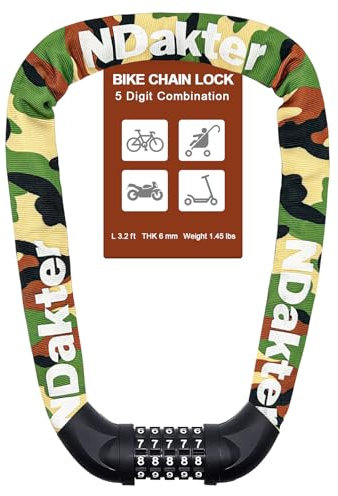 NDakter Fahrradschloss mit Zahlencode und hoher Sicherheitsstufe, (100cm*6mm) Fahrrad KettenSchloss mit 5-Stellig Zahlencode, Kette aus gehärtetem Stahl für Fahrrad Roller Ebike Motorrad (Tarnung)