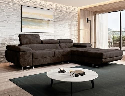 MODERNO Ecksofa mit Schlaffunktion und Bettkasten NORBERG - Sofa mit 3 Sitzen und Robusten Überzug - Schlafcouch L-Form - Modern Couch 72x279x205 cm - Ecke Rechts Braun