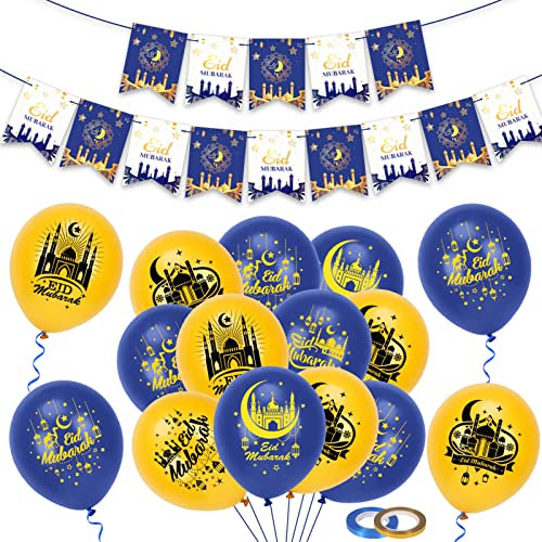 HOWAF Eid Mubarak Dekoration, Eid Mubarak Ballon Eid Mubarak Luftballon Eid Mubarak Banner Eid Mubarak Girlande Eid Banner Ramadan Ballon für Ramadan Mubarak Eid Dekoration, Blau Gold