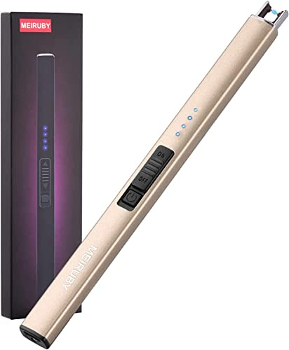 MEIRUBY Electric Candle Lighter, Christmas Stocking Fillers Women Mom Housewarming Birthday Gifts for Women, USB Arc Rechargeable Windproof Long Lighter for Candle BBQ Champagne Gold