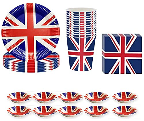 Lizzy Union Jack Tableware Set 10 Plates, 10 Bowls, 10 Cups & 20 Napkins | Royal Event Lunch Dinner Table Decoration Accessories Indoor Outdoor Party