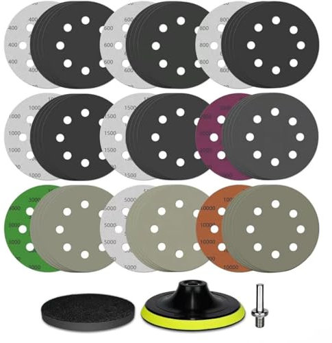 45PCS 5 Inch 8 Hole Wet Dry Sanding Discs Kit, Hook and Loop Sandpaper with Backing Pad M10 and Foam, 400 to 10000 Grit Angle Grinder Attachment, Sanding Sheet Set for Orbital Sander Car Wood Metal