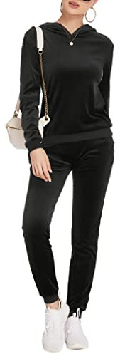 Hotouch Jogginganzug Damen Set Trainingsanzug Zweiteiler Frauen Sport Anzug Polyester Freizeitanzug Kapuzenpullover&Sporthose mit Taschen Schwarz S