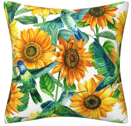 DILOXNSU Cushion Covers 18 x 18 inch Sunflowers and Hummingbirds Double-Sided Decorative Velvet Pillows Covers for Sofa Bed Home Livingroom Outdoor Garden Decor Cushions Covers 45 x 45 cm