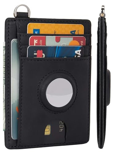 LinsCraft Slim Minimalist Airtag Card Wallet for Men & Women, Small Leather Front Pocket Wallets with Airtag Holder, RFID Blocking, Credit Card Holder Compatible with AirTag, Crazy Horse Black