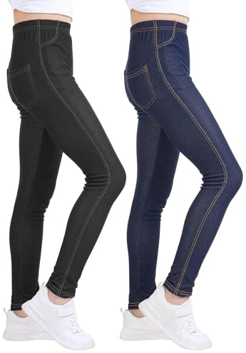 KEREDA Mädchen Leggings Kinder Jeans-Optik Lang Hosen Jeggings 2er-Pack | Atmungsaktiver Stoff, Strapazierfähig, Pflegeleicht, Schweißableitend, Alltagstauglich, Formstabil