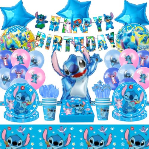 Geburtstags Deko Stit, 92 Stück Geburtstag Party Set, Geburtstagsdeko Luftballon, Partygeschirr Geburtstag, Cartoon Folienballons, Banner, Kindergeburtstag Deko(10 Gäste)