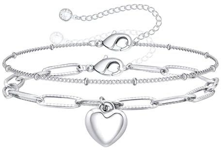 XUANPAI Armband Damen Silber Gold mit Herz - 2Pcs Armbänder Verstellbar Edelstahl Mehrreihige Charm Armkette Geschenk für Frauen Mädchen Schmuck Damen Mama Freundin Tochter Geburtstag (Silber)