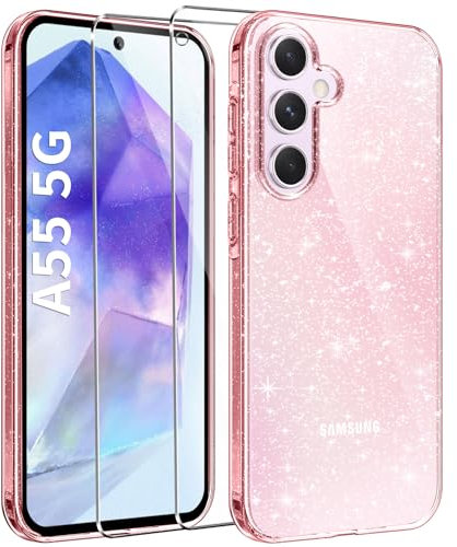 AROYI Klar Glitzer Handyhülle Kompatibel mit Samsung Galaxy A55 5G Hülle Glitzer mit 2 Stück Schutzfolie, Handyhülle Samsung A55 5G Transparent Weiche TPU Silikon Case [Anti-Yellowing], Rosa