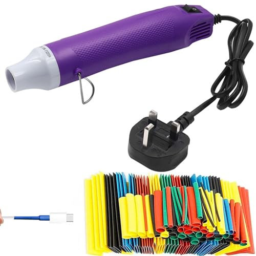 TOPIND Mini Heat Gun, Heat Shrink Tubing Kit, 300W 220V Portable Epoxy Resin Hot Air Gun with 85CM Power Cord for DIY Embossing Drying Paint Crafts + 164 Pcs Heat Shrink Wrap Tube (Purple)