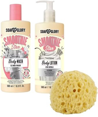 Soap and Glory Smoothie Star Shower Gel Body Wash 500ml and Body Lotion Pump 500ml, Bundle with Rainbow Gifts Sponge Set