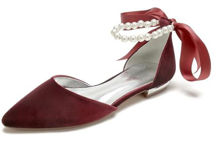 OAUSZC Burgundy,9.5 UK, Women Velvet Ballet Pumps Pearls Ankle Strap Pointed Toe Flats Wedding Party Dress Shoes 5047-37K