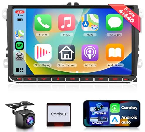 8 Core 4G+64G Car Stereo for VW Passat Golf MK5 Jetta Tiguan Polo with Android 13 Wireless Carplay Android Auto Podofo 9 1280P Touch Screen Radio Support FM/RDS BT 5.0 DSP DAB+ OBD2 DVR Backup Camera