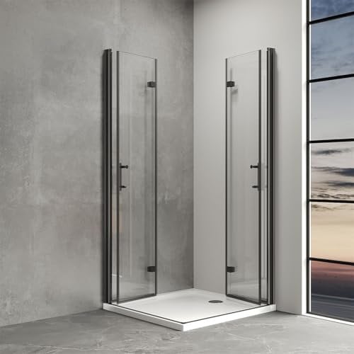 IMPTS Duschkabine 90x120 cm Falttür Eckeinstieg Schwarz Doppel Drehfalttür Duschtüren 180º Eckig Faltbar Dusche Duschwand Duschabtrennung 6mm NANO Sicherheitsglas, Höhe 195cm
