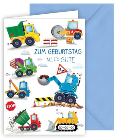 KE - Witzige Geburtstagkarte für Kinder Format B6, Glückwunschkarte, inklusive Umschlag, Motiv: Bagger, Radlader, Walze, Kipper, Betonmischer