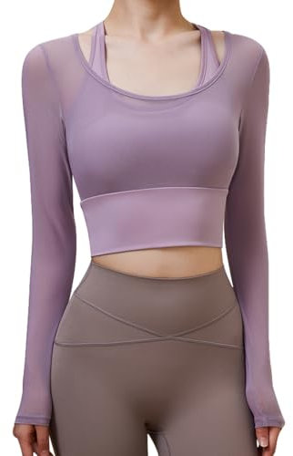 Harssidanzar Damen 2 in 1 Yoga Langarm Mesh Gym Athletic Tops Workout Fitness Shirts mit Medium Support Sport-BH CL301EU, Violett,Größe M
