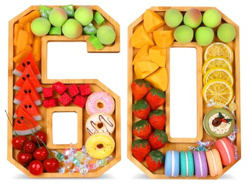 Bamboo Wooden Number 60 Number Charcuterie Board Box, Fillable Number Charcuterie Tray, Wood Charcuterie Boards for Fruit Cheese Platter Vegetable Food Dish Plates, Home Decor Party Decorations