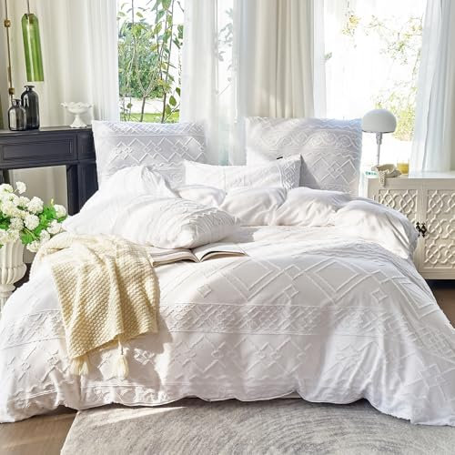 Amolavet Boho Bettwäsche 200x200 3teilig Set Weiß Getuftet Vintage Geometrische Muste aus Weich Bügelfreie Gebürstetem Mikrofaser - Boho Deko Sommer Bettwäsche 200x200 für Doppelbett