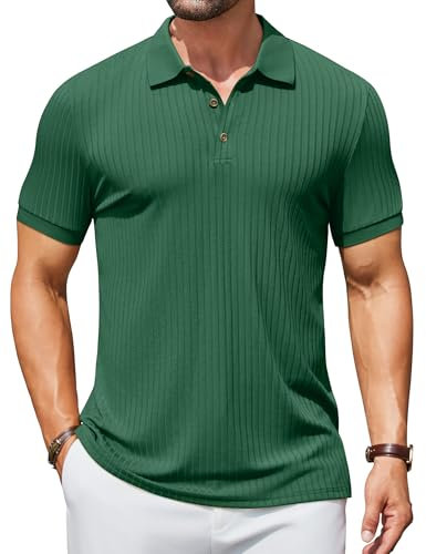 COOFANDY Mens Knitted Poloshirts Short Sleeve Polo Ribbed T-Shirt Summer Polo Shirt Golf Shirts Evergreen M