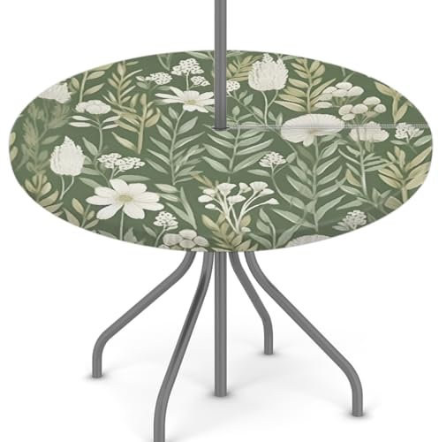 Woltant Runde Tischdecke mit Sonnenschirmloch und Reißverschluss, abwischbare Tischdecke mit elastischen Kanten, Tischschutz für den Außenbereich, für Garten, Terrasse, Grill (grünes Blumenblatt)