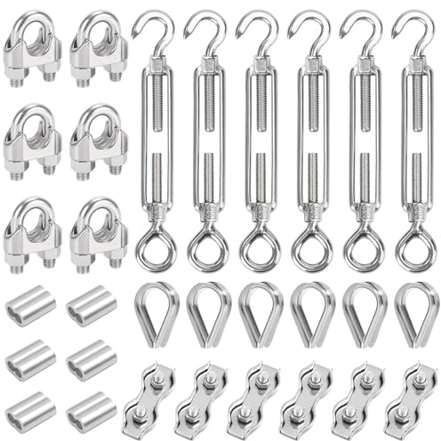 Forbabe 30 Stück Spannschloss Set | mit M6 Seilspanner Edelstahl, Drahtseilklemme 3mm, Duplex-Seilklemmen 3mm, Drahtseil Kauschen 3mm und Quetschhülsen 3mm