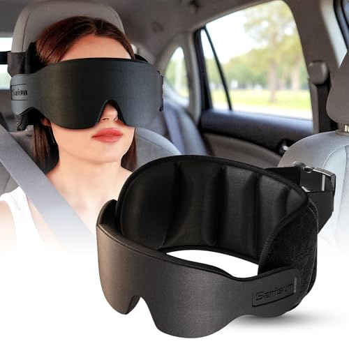 SARISUN Auto Reisekissen Nacken, Travel Pillow for Car, Kissen mit 3D-Schlafaugenmaske, 360°-Kopfstützgurt für alle Autositze, Roadtrip-Essentials, Auto Nackenkissen, Schwarz