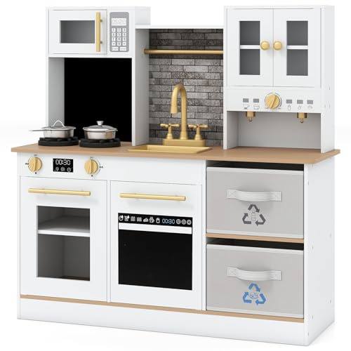 COSTWAY Kinderküche mit Licht und Sound, Spielküche Holz, Holzküche | Puppenküche mit Kaffeemaschine, Spülmaschine, Herd, Mikrowelle & Spüle, Spielzeugküche für Kinder ab 3 Jahren