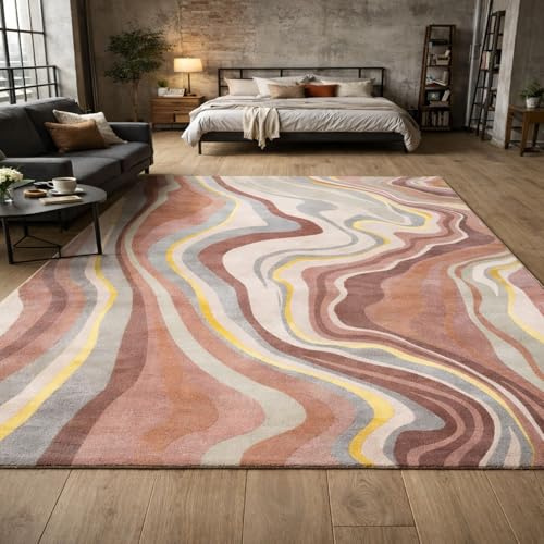 Strloepr Kurzflor Teppich Große Wohnzimmer Schlafzimmer Esszimmer Deko Aesthetic Carpet,Abstraktes Gemälde in Rosa, Braun, Grau, Gelb, Weiß und Rot, 200 x 230 cm