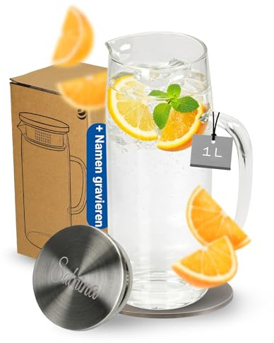 Caraffa personalizzata in vetro borosilicato con coperchio da 1 litro – Caraffa per acqua con colino come idea regalo personalizzata – Caraffa per acqua, liquido amniotico e tè freddo, colore