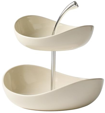 Zweistöckige Obstschale, eleganter Keramik Obstkorb mit abnehmbaren Etagen für eine optimale Geschmackstrennung, weiße Keramik Servierplatte mit Kirschmotiv, zweistöckige Schale, Korb