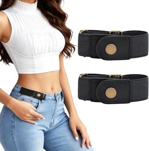 LEACOOLKEY 2 Stück Gürtel Ohne Schnalle Damen für Jeans Elastischer Schnallenfrei Gürtel Unsichtbarer Stretch Taillengürtel Buckle Less Belt