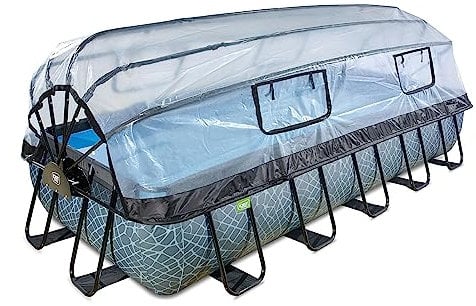 EXIT Toys Piscine Stone avec dôme Multifonctionnel - 540x250x100cm - Grande Piscine rectangulaire avec Pompe à Filtre à Sable et échelle d- Extra Profonde - Eau de Piscine Propre et Chaude - Gris