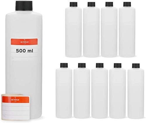 Botellas de plástico de 10 x 500 ml, botellas de plástico de HDPE, botellas redondas con tapas roscadas o tapas roscadas negras, botellas vacías con un tamaño de rosca de 25 mm, incl. etiquetas
