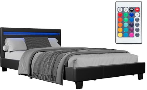 Juskys Polsterbett Verona 120x200 cm mit LED-Beleuchtung, Lattenrost & Kopfteil, Bett mit Gestell aus Holz & Kunstleder Bezug, schwarz