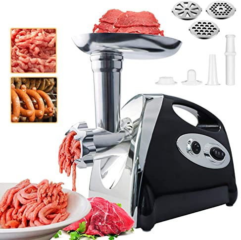 BenRich - Molinillo eléctrico de carne, picadora de carne con 3 placas de molienda y accesorio para kibbe, potente motor de cobre de 2800 W, máquina picadora de alimentos, color negro