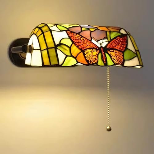 Tiffany Stil Wandleuchte mit Zugschalter, Retro Landhausstil Wandlampe Schlafzimmer Nachttischlampe Leselampe, Handgemacht Buntglas Schirm, E27 Innen leuchte, für Wohnzimmer Flur Studieren Loft,7