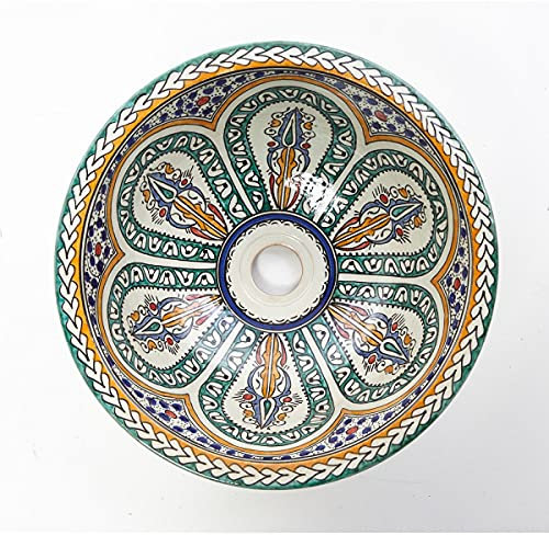 Casa Moro Marokkanisches Keramik Waschbecken Fes1 buntes Handwaschbecken handbemalt | rundes Aufsatzbecken aus Marokko Durchmesser 40 cm