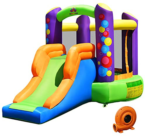 GOPLUS 3 in 1 Hüpfburg mit Gebläse, Aufblasbare Springburg mit Rutsche & Kletterwand, Spielburg für Indoor & Outdoor, mit Reparaturset, Pfählen & Tragetasche, 350 x 212 x 195cm (Bubbles, Mit Gebläse)