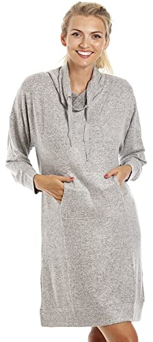 Camille Women's Super Soft Lounger - Knitted Hacci Knee Length Nightie - Cowl Neck Long Sleeved & Front Pocket Small Grey