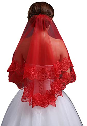 Klassisches rotes Brautkopftuch Hochzeitsschleier, einfacher langer Spitzenschleier durchsichtiger Kopfschmuck für Frauen