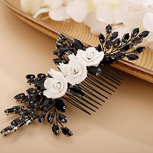 Chargances Braut Hochzeit Weiße Blume Haarkamm Schwarz Kristall Haar Seitenkamm Mode Strass Kopfschmuck für Hochzeit Abschlussball Festival Brautjungfer Haarschmuck für Frauen und Mädchen (schwarz)