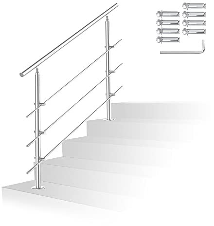 Randaco Rampe d'escalier en acier inoxydable pour l'intérieur et l'extérieur, balustrade pour balcon, parapet, escaliers, entrée de maison, (180 cm, 3 barres transversales)
