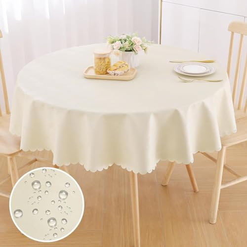 Homaxy PU Tischdecke Abwaschbar Lotuseffekt Hochwertig (350g/m²) Rund 140cm Tischtuch Ornamente Tafeldecke Wasserabweisend Tischwäsche Fleckschutz pflegeleicht, Beige