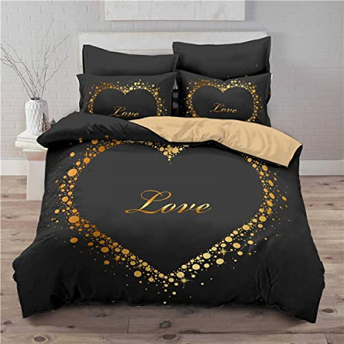Freyamy 3D Aesthetic Bettwäsche 135x200cm 4teilig Schwarz Gold Herzmotiv Liebe Modern Mikrofaser Kinderbettwäsche Weiche Bequem Einzelbett Bettbezug mit Reißverschluss und Kissenbezug 80x80cm