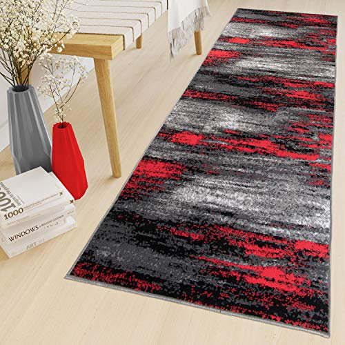 TAPISO Maya Teppich Läufer Meterware Kurzflor Wohnzimmer Flur Küche Modern Brücke Grau Rot Schwarz Verwischt Meliert Design ÖKOTEX 80 x 300 cm