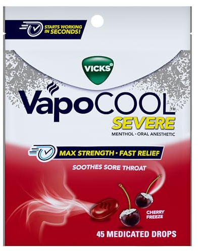 Vicks VapoCool Severe Medicated Sore Throat Drops, Max Strength Menthol, Soothes Sore Throat Pain, Cherry Flavor, 45ct
