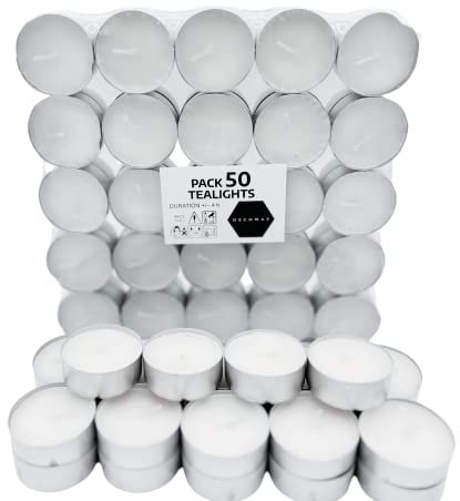 Velas De Té Blancas Sin Perfume. Vela Decoración Hogar Paquete De 50 Unidades. Vela Blanca De Cera Duración De 4 Horas, Velas Decorativas Para Eventos. Tea Lights Candle Pack (PACK 50)