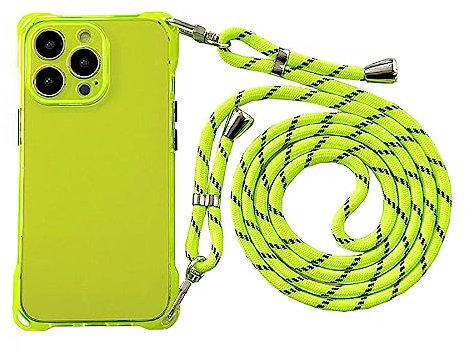 Bakicey Chaîne de téléphone portable pour iPhone 14 Pro - Transparent - En TPU - Avec cordon amovible - Anti-chocs - Vert fluo