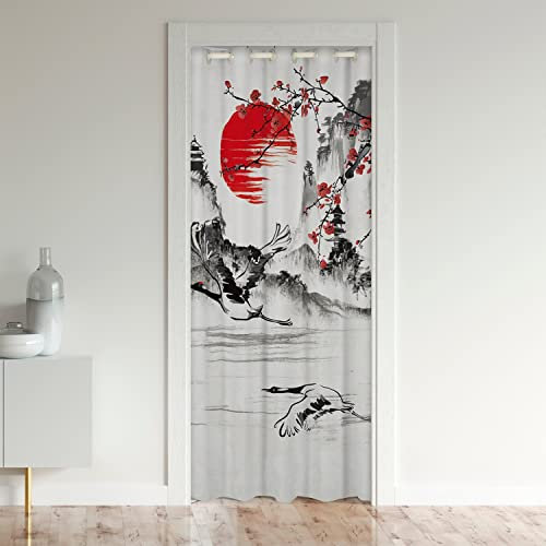 Style Japonais Rideau de Porte 86x203cm Japonais Ukiyo Rideaux Interieur Salon Chambre Home Décor Rideaux Exterieur d'entrée Sakura Fleurs Traditionnelle Retro Rouge Blanc Rideau Occultant