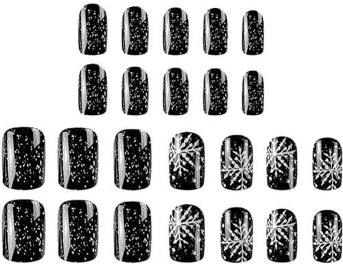 Fopytu Pressa di Natale su Chiodi Corti Blabini Neri con Disegni Snowfulke Cover Cover Cover Artificial Artificial False Chiodi per Donne E Ragazze